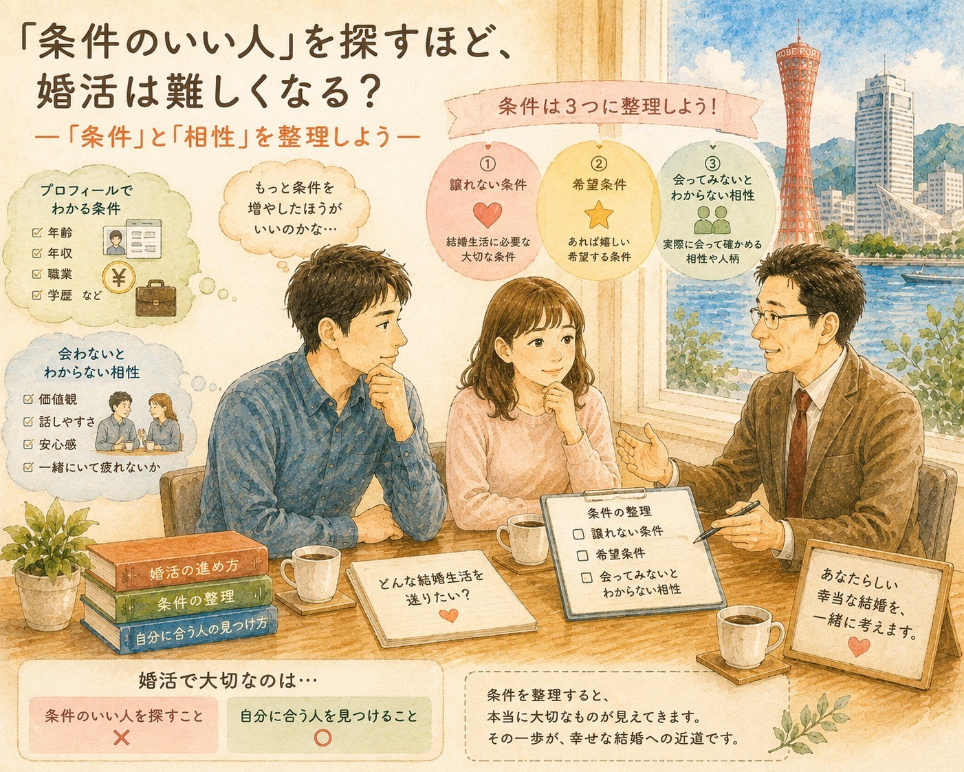 結婚相手に求める条件と相性について考える婚活中の男女