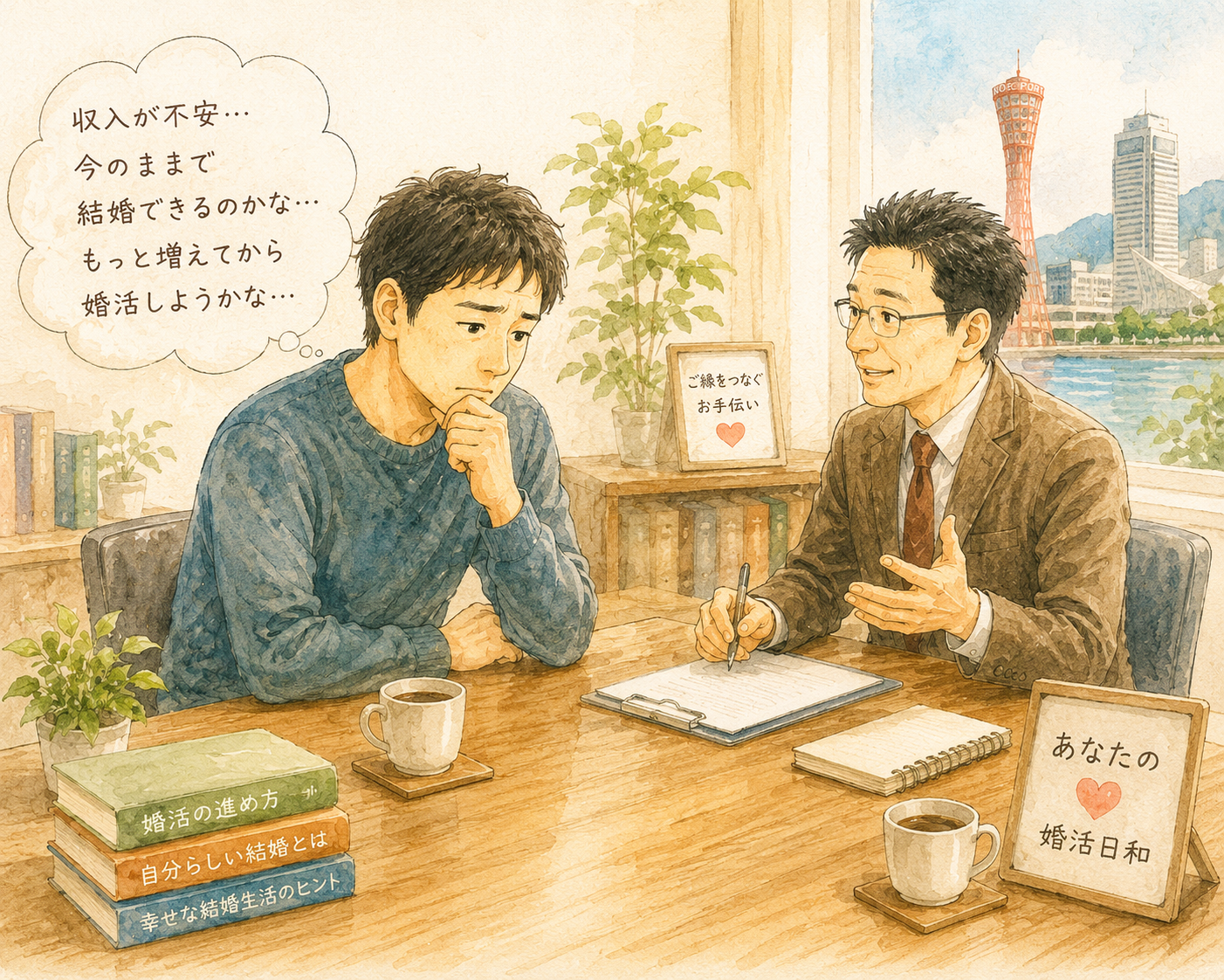 「収入への不安から婚活を始める時期に悩む男性と結婚相談所カウンセラーの相談風景」