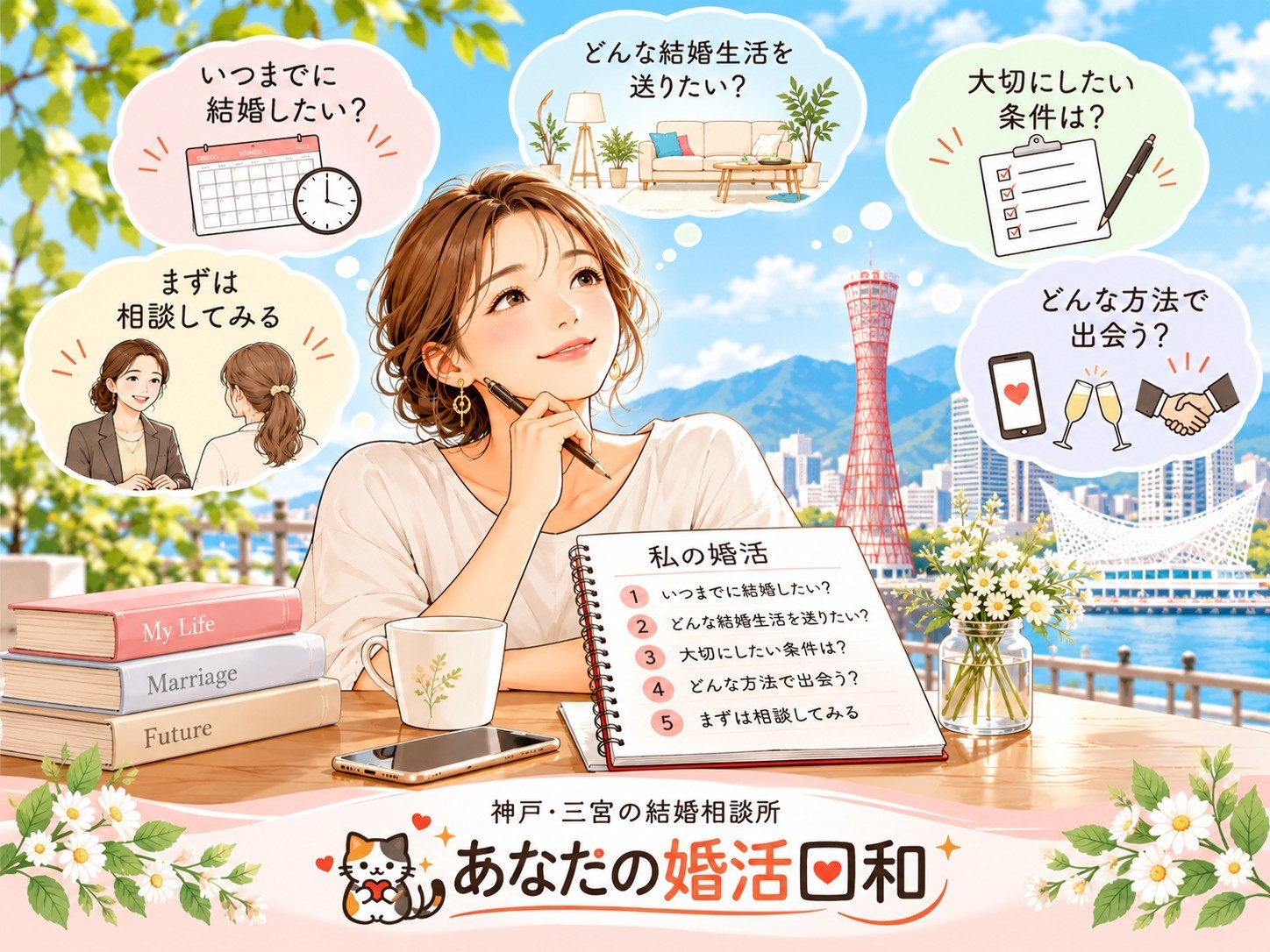 婚活は何から始めるか迷っている方へ、初めての婚活で大切な5つのポイントを紹介する神戸・三宮の結婚相談所「あなたの婚活日和」のイラスト