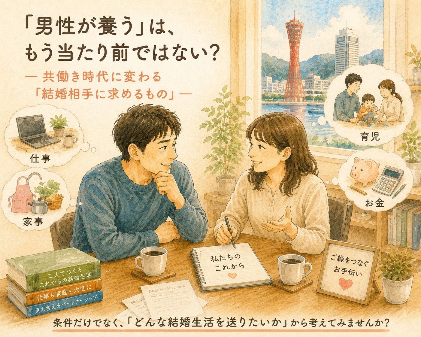 共働き時代の結婚相手に求める条件について相談する男女と結婚相談所カウンセラー