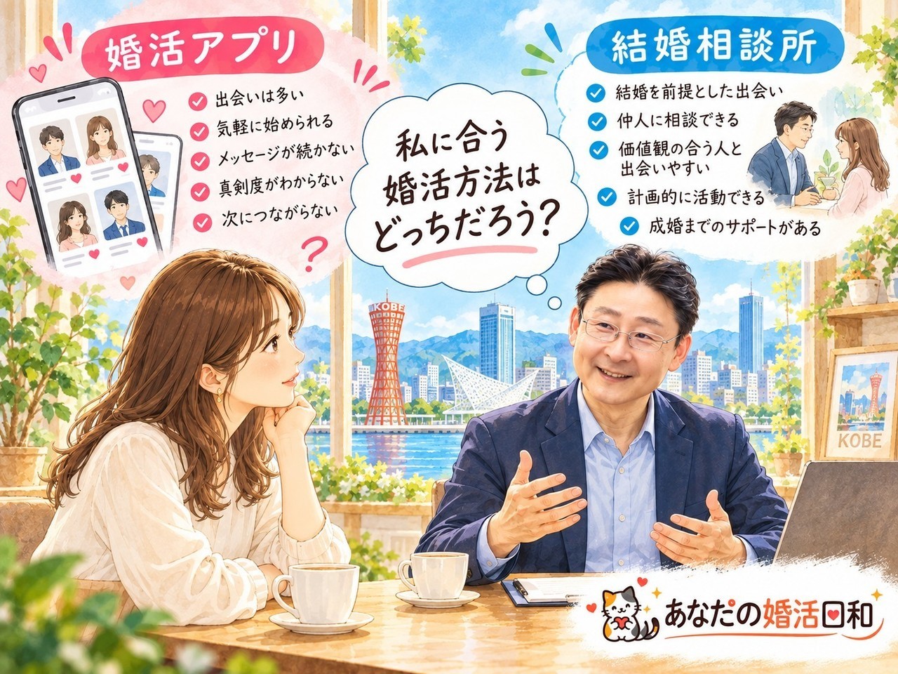 神戸・三宮で婚活アプリと結婚相談所の違いや自分に合う婚活方法を考えるイメージ